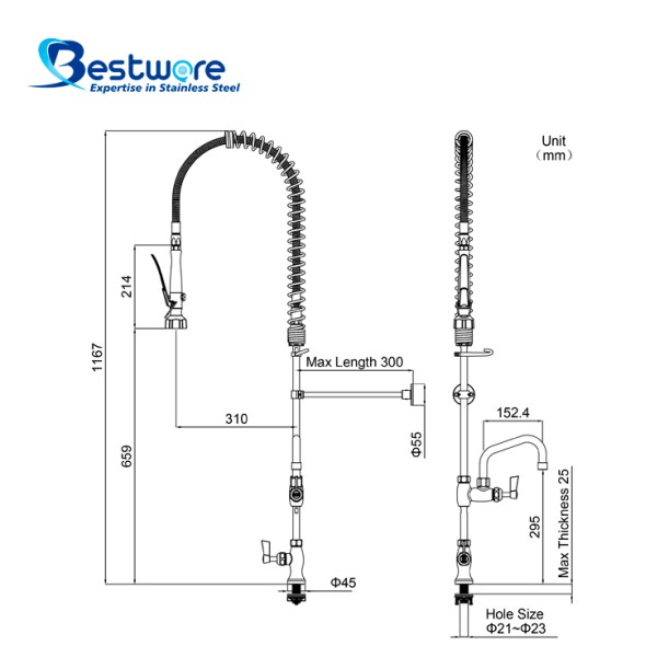 Single Hob Mount Pre-Rinse Faucet with 6 inch Pot Filler