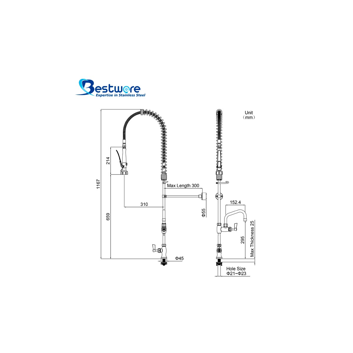 Single Hob Mount Pre-Rinse Faucet with 6 inch Pot Filler