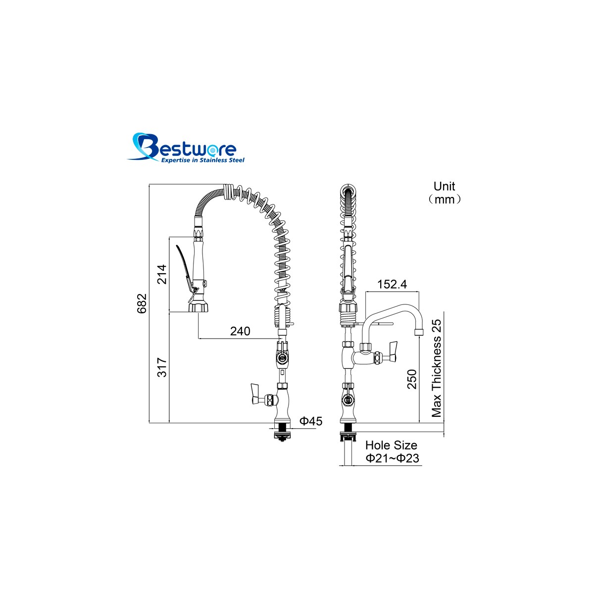 Single Hob Mount Cafe Pre-Rinse Faucet with 6 inch Pot Filler
