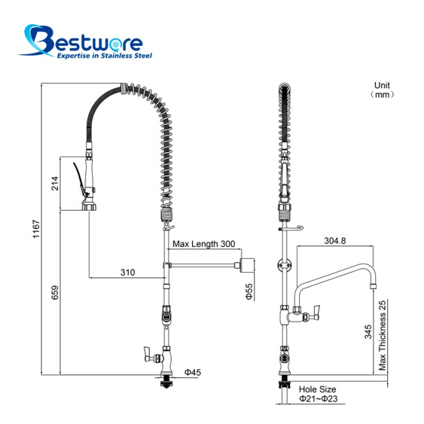Single Hob Mount Pre-Rinse Faucet with 12 inch Pot Filler