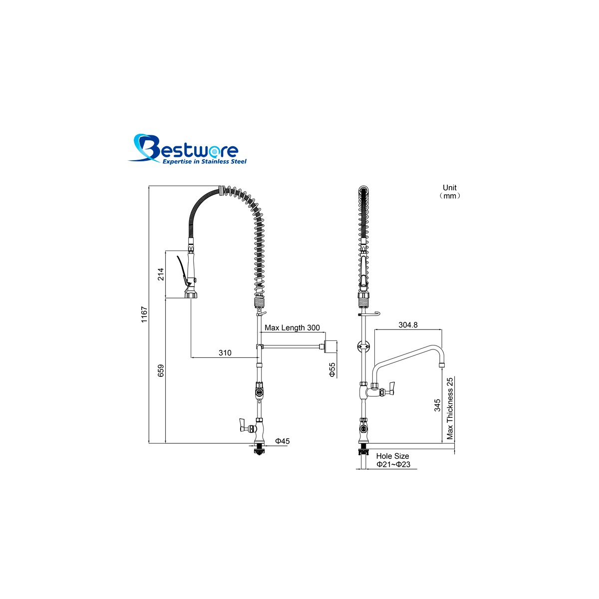 Single Hob Mount Pre-Rinse Faucet with 12 inch Pot Filler